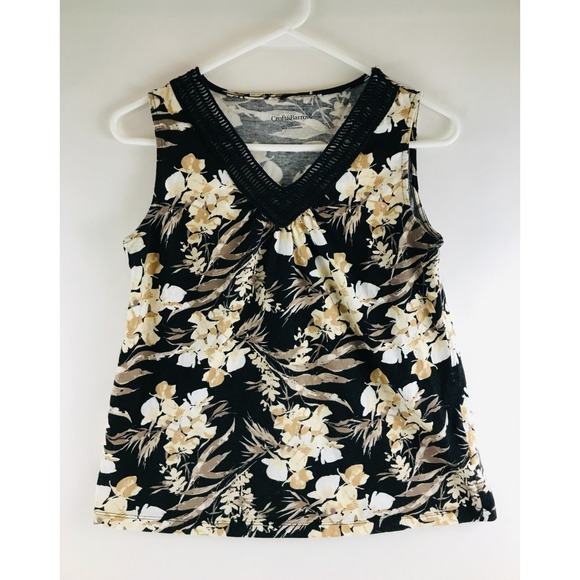 croft & barrow Tops - Croft&Barrow Shirt Women's Size S Black Tan V-neck Embroidered Floral Sleeveless
